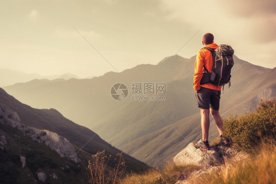 夏季山中徒步旅行的男子图片