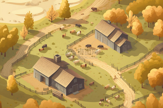 丘陵中的乡村农场平面插图图片