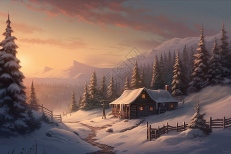 冬季森林中的小木屋插图图片