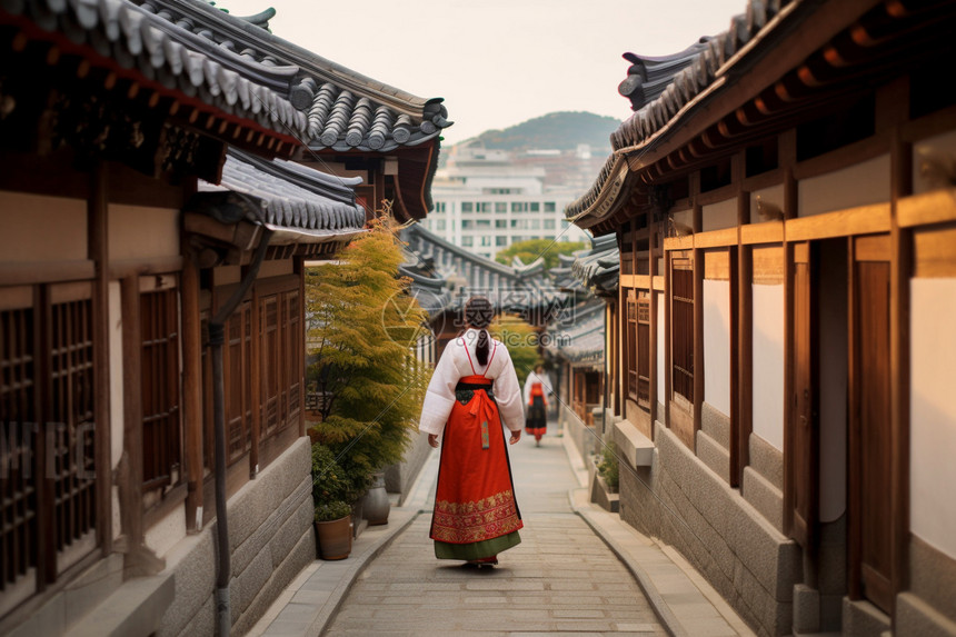 穿着韩服的女孩背影照图片