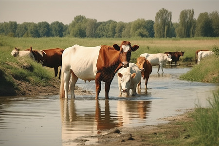 河流中人工饲养的牛图片