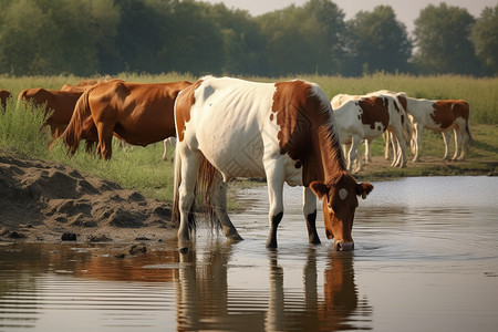 河中喝水的牛背景图片