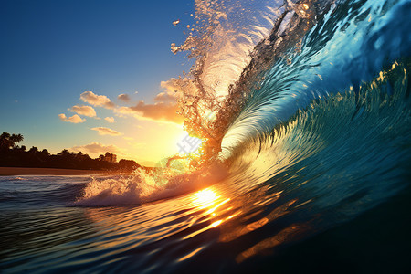黄昏时冲浪者身后的海浪图片