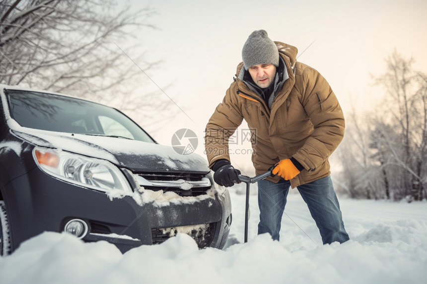 汽车前清扫积雪的男子图片