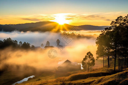 日出时迷雾笼罩的山间景观图片