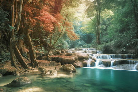夏天丛林中瀑布的美丽景观图片