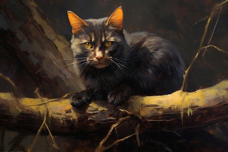 猫栖息在树枝上的油画插图图片