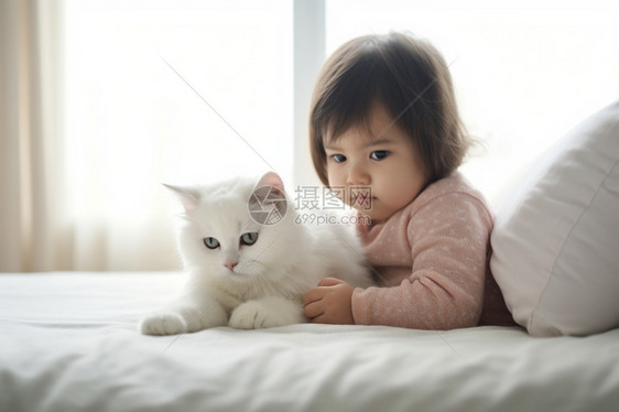 一起玩耍的小女孩和猫咪图片