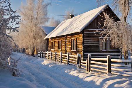 雪后的林中小屋图片