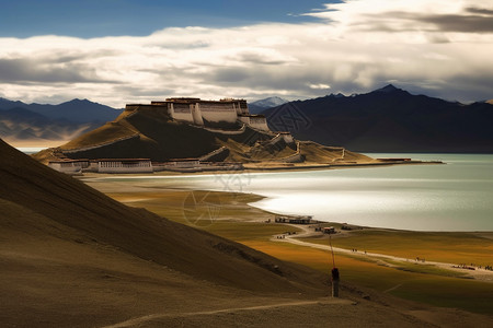 依山傍水的建筑背景图片