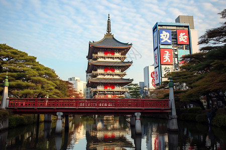 湖水中的日式建筑图片