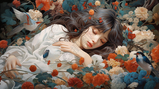 躺在花朵中的女孩背景图片