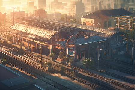 日落期间的火车站插图图片