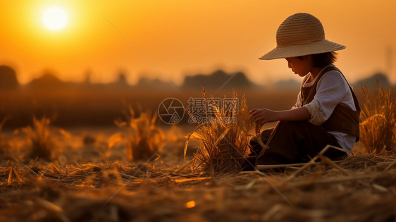 坐在稻草边的男孩图片