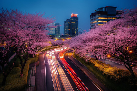 春天盛开桃花的城市夜景图片