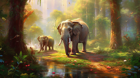茂密森林里的大象图片
