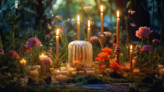 配有水晶和蜡烛的森林图片