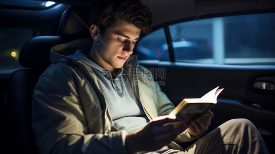 车内阅读的男人图片