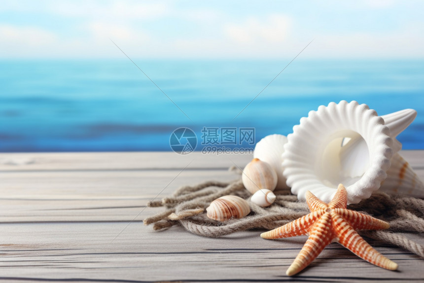 海边木板桥上的贝壳图片