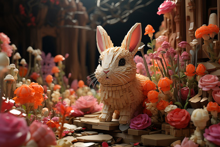 花丛中的兔子模型图片