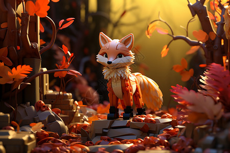 落叶中的体素狐狸图片