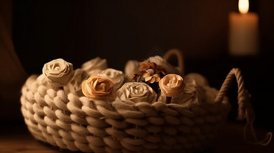 柳条篮子里羊毛毡花朵背景图片