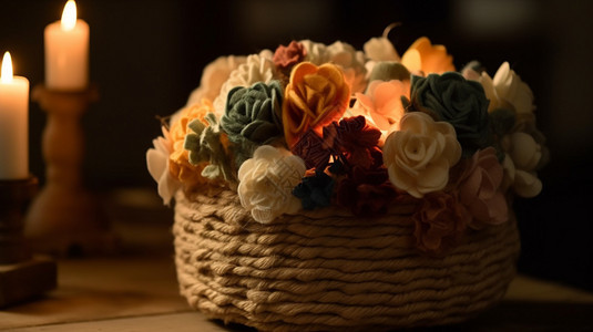 羊毛毡花排列在柳条篮子里图片
