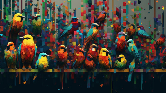 各种颜色和形状的鸟。背景图片