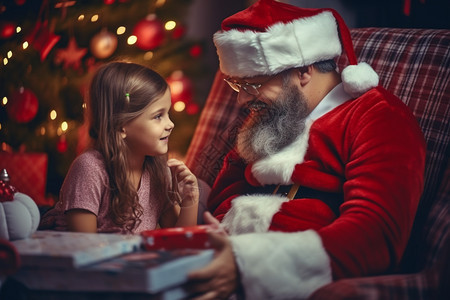 圣诞节老人和女孩在讲故事图片