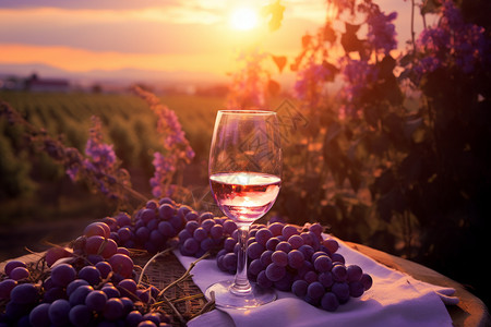 阳光下的葡萄和酒图片