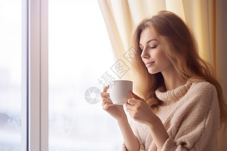 窗边悠闲喝咖啡的女士图片