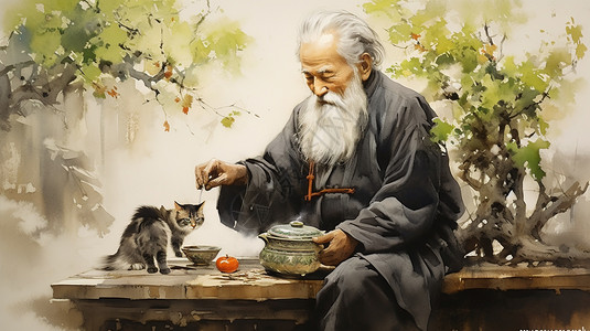 年迈的老爷爷和小猫图片