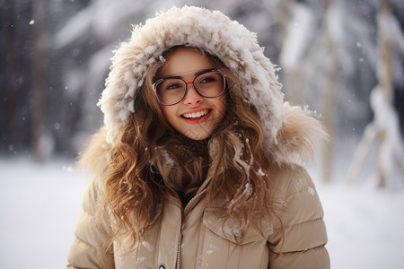 雪中戴帽子的女孩图片