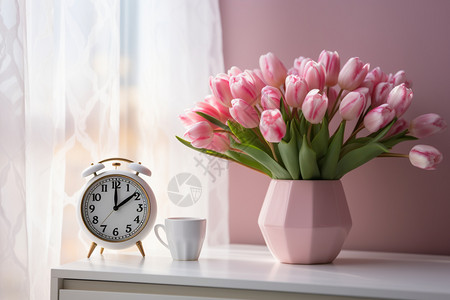 桌面花瓶美丽的鲜花和闹钟背景