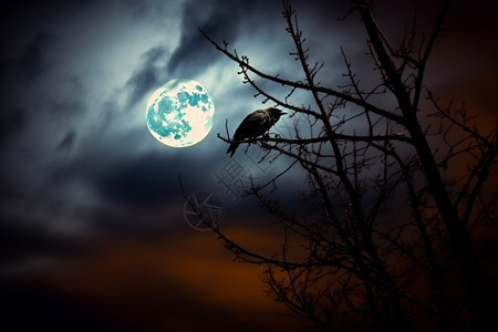 夜晚树木上的乌鸦图片