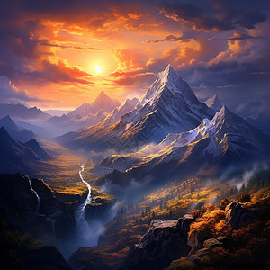 宏伟的山脉和日出图片