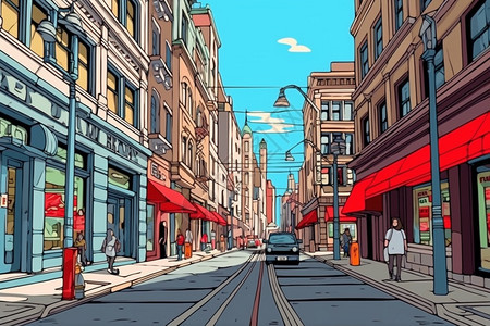 手绘城市商业街的油画插图图片