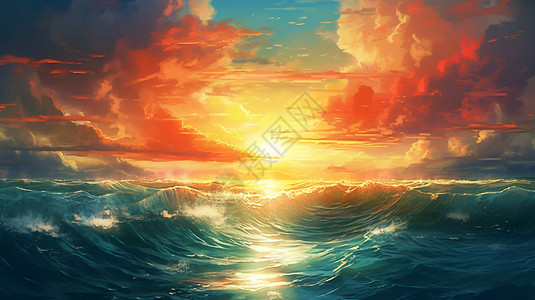 手绘日落时分海洋的插图图片