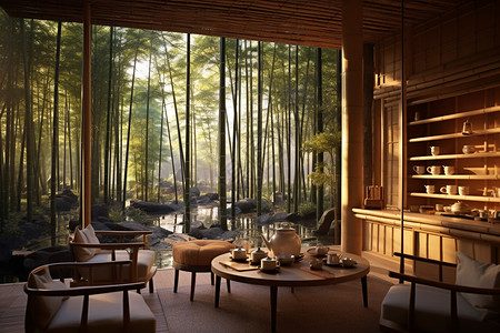 竹林中的优雅茶馆背景图片