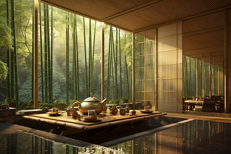 竹林中的茶馆背景图片
