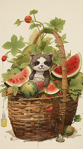 篮筐中的水果和小猫插图背景图片