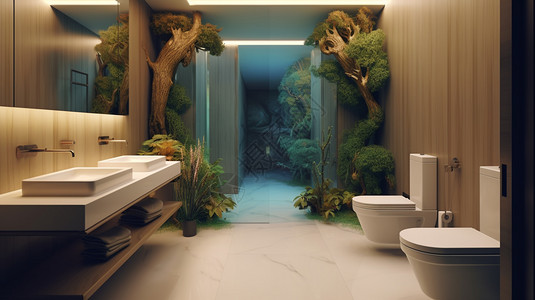 浴室壁画摆放绿植的别墅卫生间设计图片