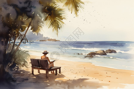 个人理想个人在海滩上看书的水彩画插画