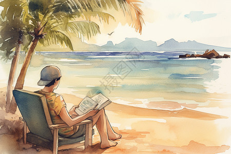 海滩上看书的人图片
