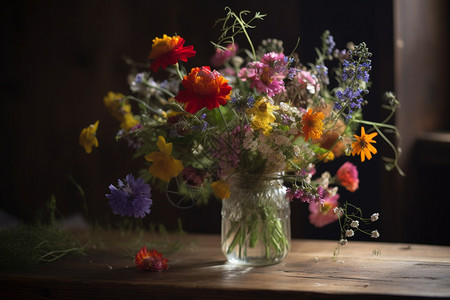 玻璃花瓶中组五颜六色的野花图片