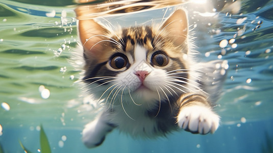 可爱的小猫在水下游泳图片