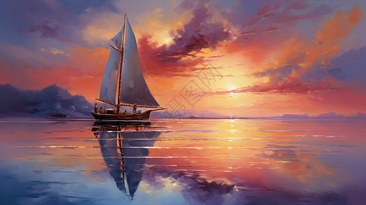 黄昏时海面上的帆船插图图片