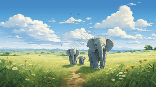 夏天草原上正在行走的大象图片