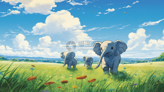 动漫风格草原上大象插图图片