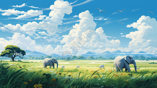 草原上的大象艺术插图图片